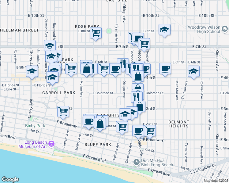 map of restaurants, bars, coffee shops, grocery stores, and more near 338 Orizaba Avenue in Long Beach