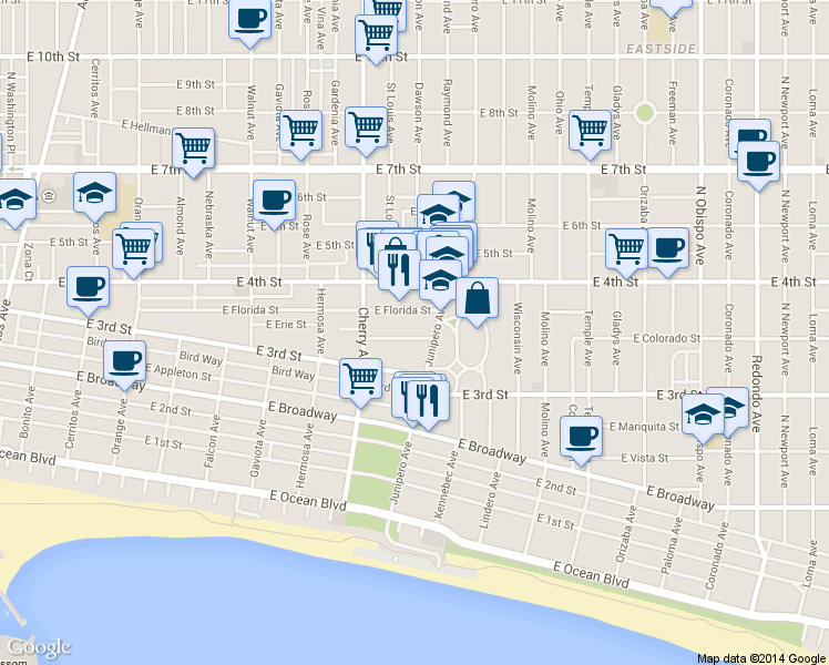 map of restaurants, bars, coffee shops, grocery stores, and more near 333 Junipero Avenue in Long Beach