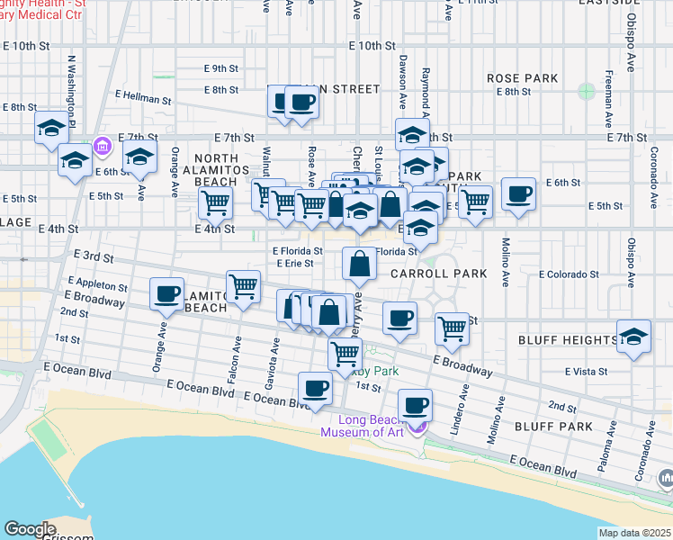 map of restaurants, bars, coffee shops, grocery stores, and more near 1837 East 3rd Street in Long Beach