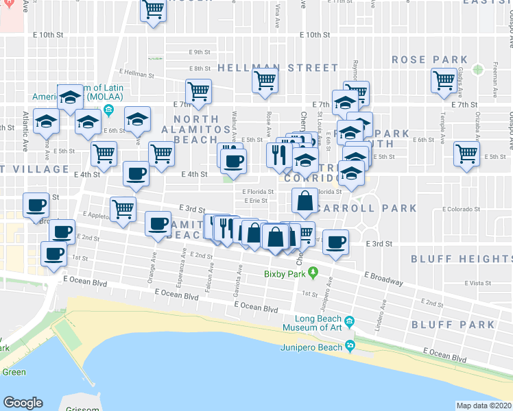 map of restaurants, bars, coffee shops, grocery stores, and more near 1755 East 3rd Street in Long Beach