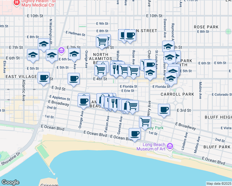 map of restaurants, bars, coffee shops, grocery stores, and more near 1500 East 3rd Street in Long Beach