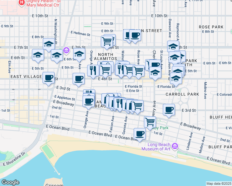 map of restaurants, bars, coffee shops, grocery stores, and more near 1500 East 3rd Street in Long Beach