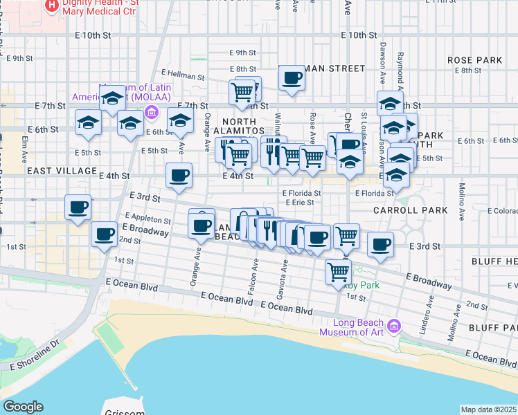 map of restaurants, bars, coffee shops, grocery stores, and more near 1500 East 3rd Street in Long Beach
