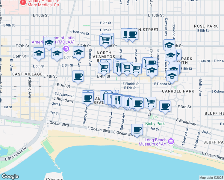 map of restaurants, bars, coffee shops, grocery stores, and more near 1500 East 3rd Street in Long Beach