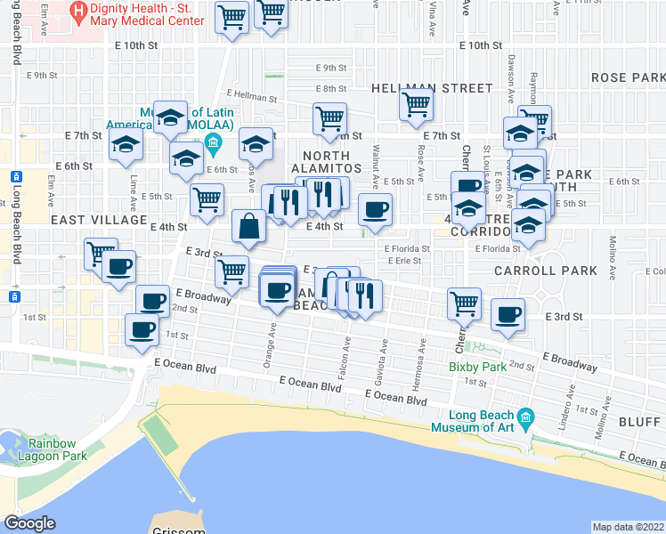 map of restaurants, bars, coffee shops, grocery stores, and more near in Long Beach
