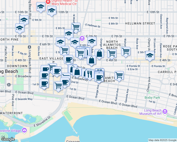 map of restaurants, bars, coffee shops, grocery stores, and more near 1061 East Appleton Street in Long Beach