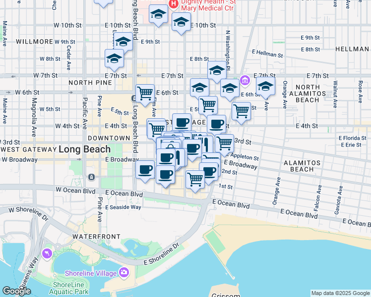 map of restaurants, bars, coffee shops, grocery stores, and more near in Long Beach