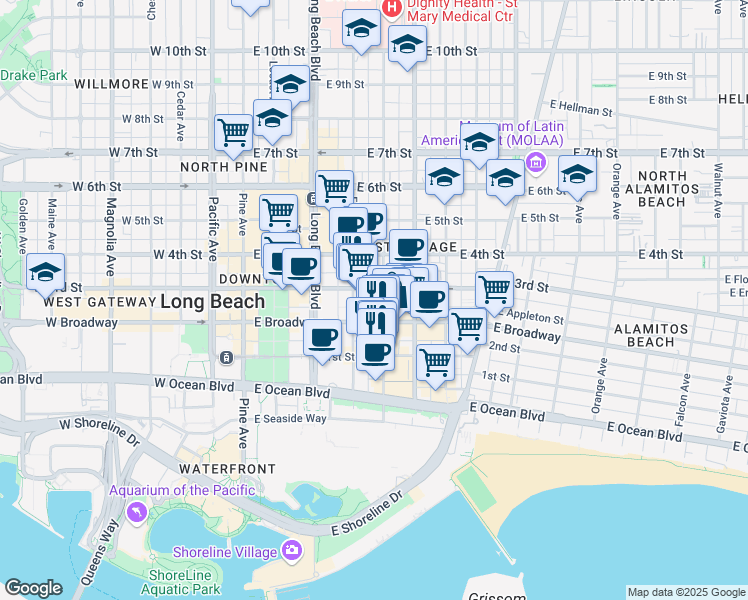 map of restaurants, bars, coffee shops, grocery stores, and more near 449 Linden Avenue in Long Beach