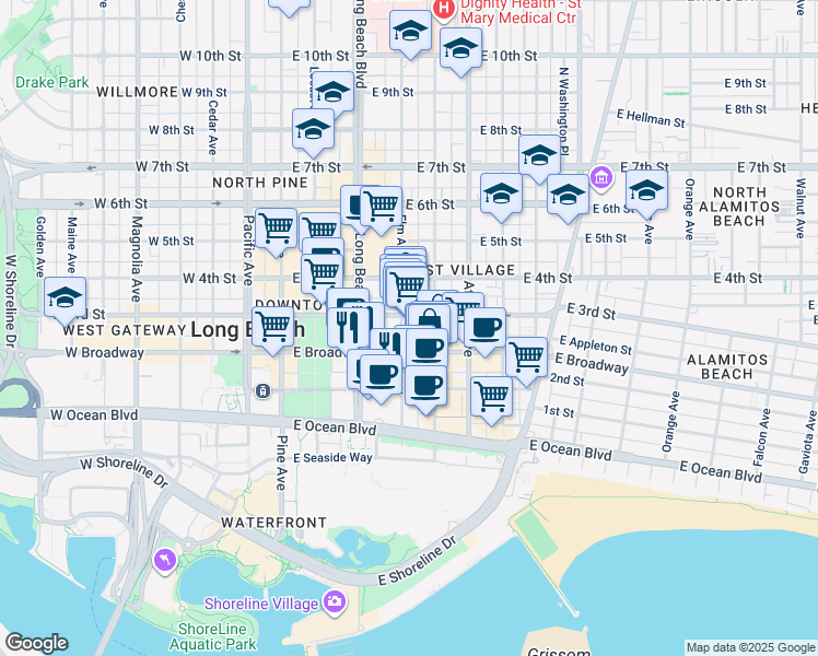 map of restaurants, bars, coffee shops, grocery stores, and more near 252 Elm Avenue in Long Beach