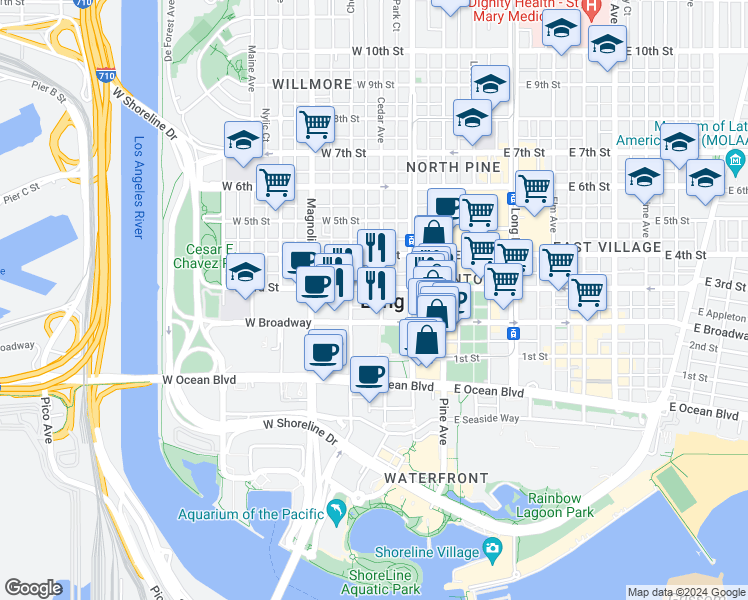 map of restaurants, bars, coffee shops, grocery stores, and more near 301 West Broadway in Long Beach