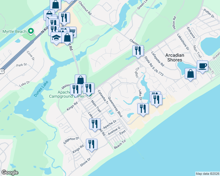 map of restaurants, bars, coffee shops, grocery stores, and more near 151 Wetherby Way in Myrtle Beach