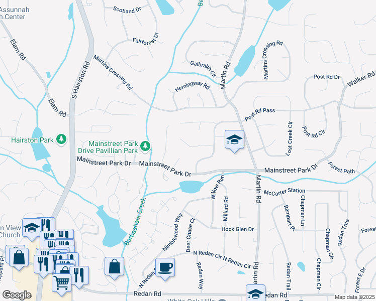 map of restaurants, bars, coffee shops, grocery stores, and more near 5035 Post Road Court in Stone Mountain