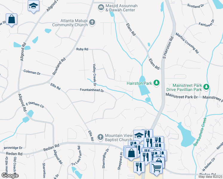 map of restaurants, bars, coffee shops, grocery stores, and more near 4639 Hardwood Road in Stone Mountain