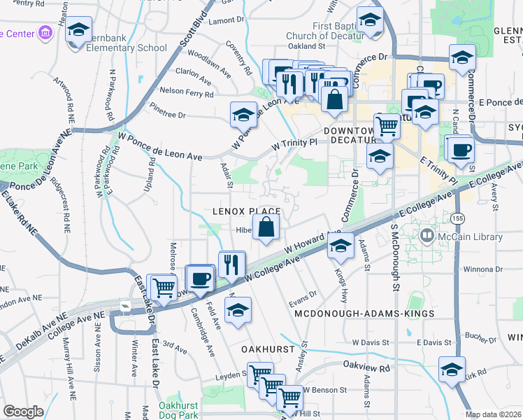 map of restaurants, bars, coffee shops, grocery stores, and more near 158 Ridley Lane in Decatur