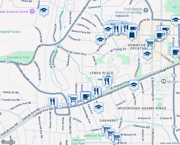 map of restaurants, bars, coffee shops, grocery stores, and more near 212 Adair Street in Decatur