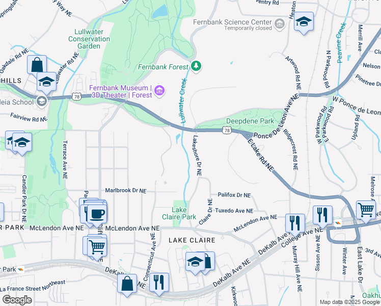 map of restaurants, bars, coffee shops, grocery stores, and more near 582 Lakeshore Drive Northeast in Atlanta