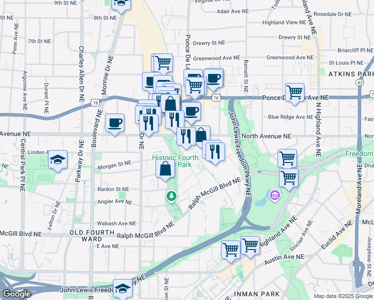 map of restaurants, bars, coffee shops, grocery stores, and more near 680 Dallas Street Northeast in Atlanta