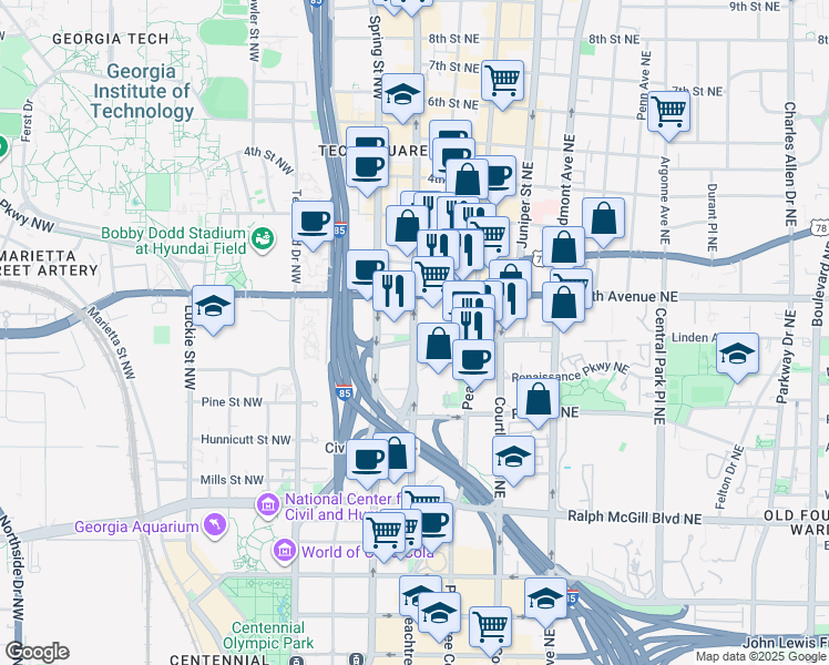 map of restaurants, bars, coffee shops, grocery stores, and more near 18 Linden Avenue Northeast in Atlanta