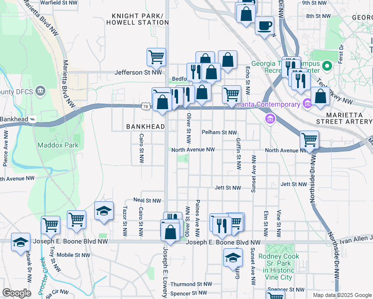 map of restaurants, bars, coffee shops, grocery stores, and more near 551 Oliver Street Northwest in Atlanta