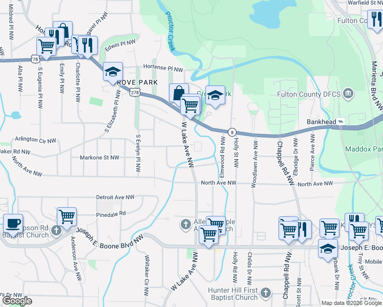 map of restaurants, bars, coffee shops, grocery stores, and more near 1621 Hasty Place Northwest in Atlanta