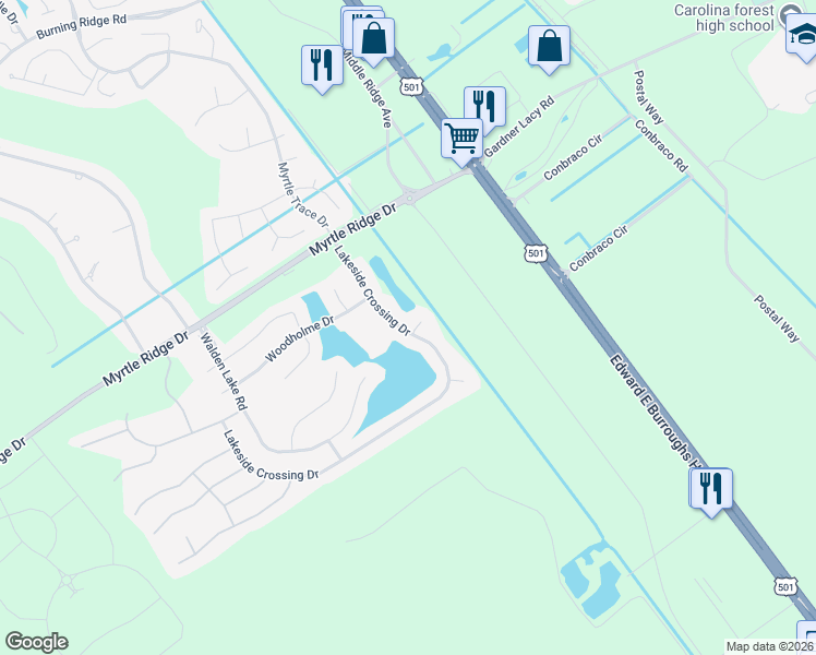 map of restaurants, bars, coffee shops, grocery stores, and more near 801 Windemere Ct in Conway
