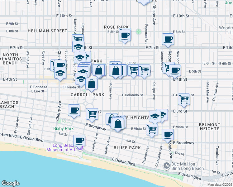 map of restaurants, bars, coffee shops, grocery stores, and more near 353 North Colorado Place in Long Beach