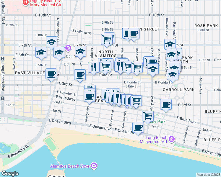 map of restaurants, bars, coffee shops, grocery stores, and more near 1421 East 3rd Street in Long Beach