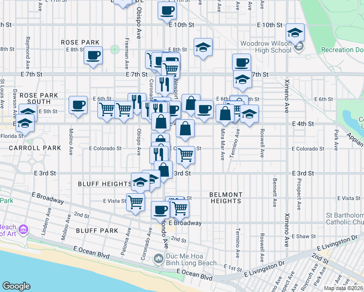 map of restaurants, bars, coffee shops, grocery stores, and more near 337 Loma Avenue in Long Beach