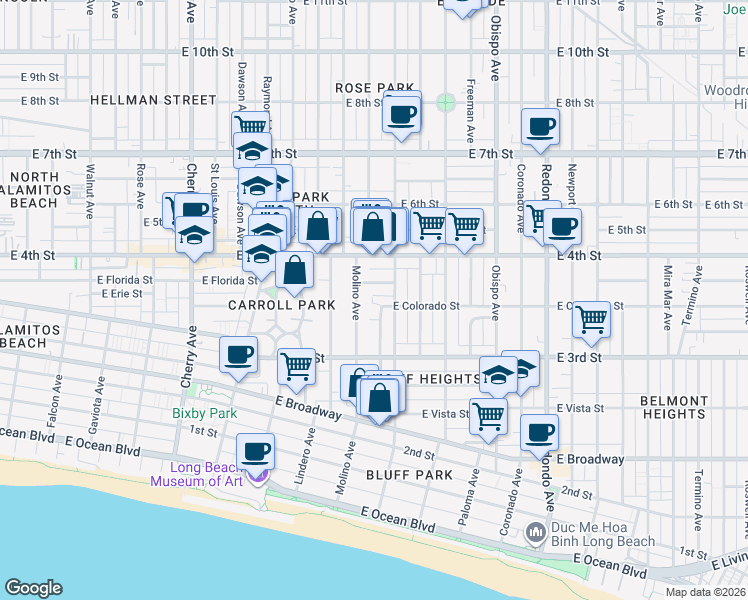 map of restaurants, bars, coffee shops, grocery stores, and more near 353 North Colorado Place in Long Beach