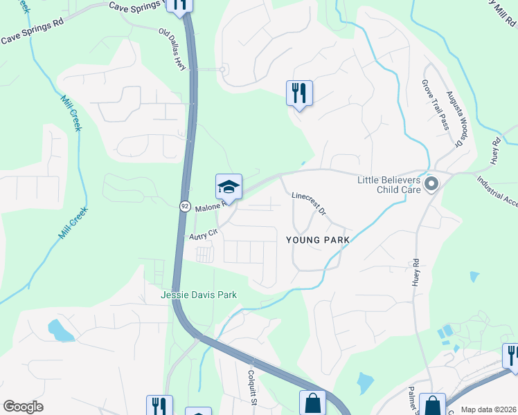 map of restaurants, bars, coffee shops, grocery stores, and more near 6488 Snowbird Lane in Douglasville