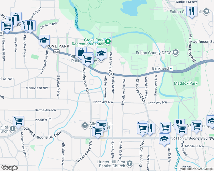 map of restaurants, bars, coffee shops, grocery stores, and more near 528 Holly Street Northwest in Atlanta