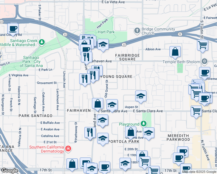 map of restaurants, bars, coffee shops, grocery stores, and more near 2435 Old Grand Street in Santa Ana