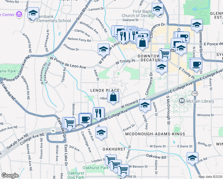 map of restaurants, bars, coffee shops, grocery stores, and more near 158 Ridley Lane in Decatur