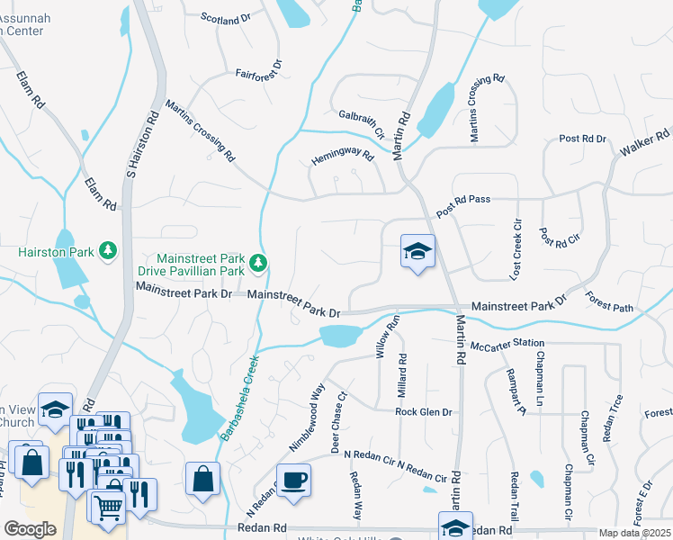 map of restaurants, bars, coffee shops, grocery stores, and more near 5035 Post Road Court in Stone Mountain