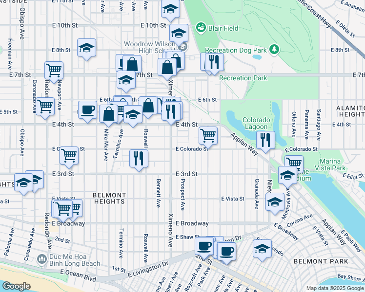 map of restaurants, bars, coffee shops, grocery stores, and more near 4445 East Colorado Street in Long Beach