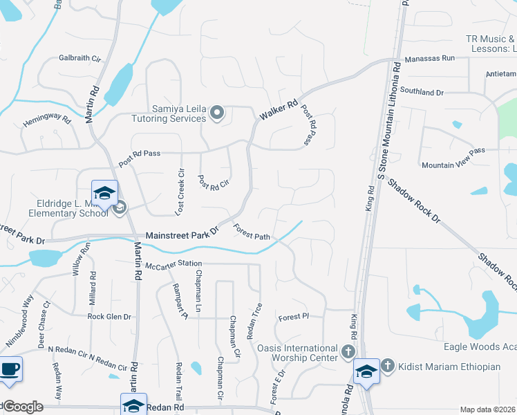 map of restaurants, bars, coffee shops, grocery stores, and more near 5338 Greenhedge Trail in Stone Mountain