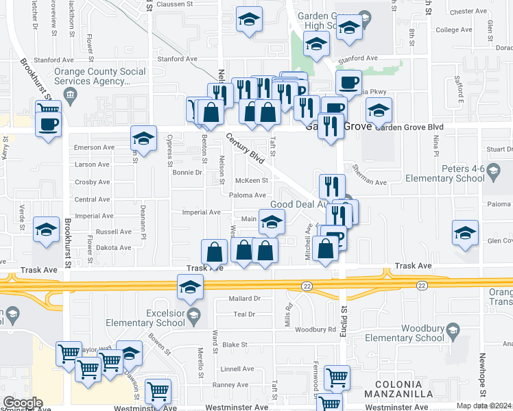 map of restaurants, bars, coffee shops, grocery stores, and more near 10681 Frances Avenue in Garden Grove