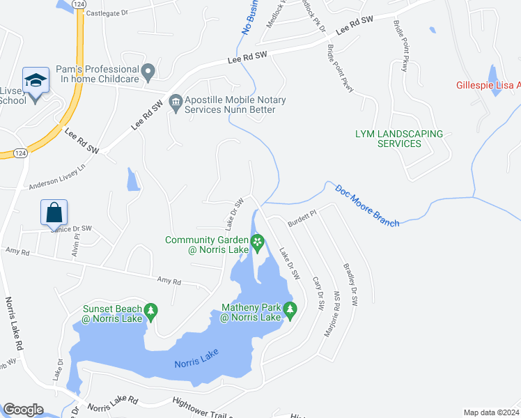 map of restaurants, bars, coffee shops, grocery stores, and more near 8399 Lake Drive Southwest in Snellville