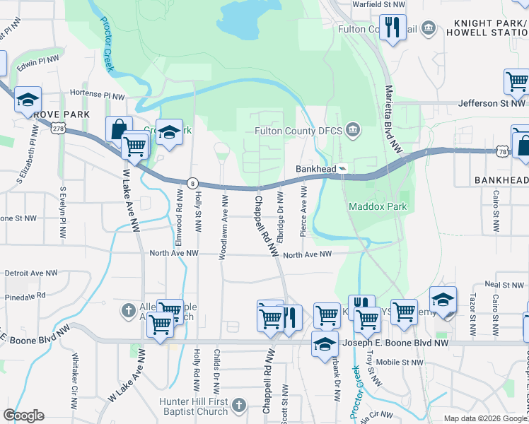 map of restaurants, bars, coffee shops, grocery stores, and more near 523 Chappell Road Northwest in Atlanta