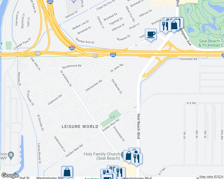 map of restaurants, bars, coffee shops, grocery stores, and more near 13281 Del Monte Drive in Seal Beach