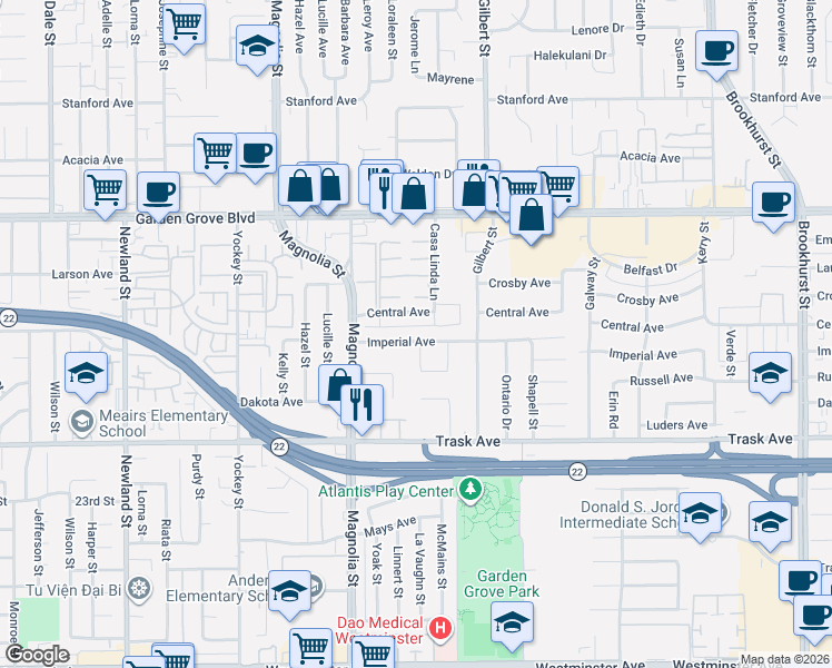 map of restaurants, bars, coffee shops, grocery stores, and more near 9151 Imperial Avenue in Garden Grove