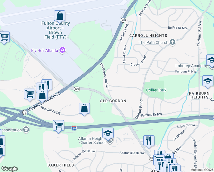 map of restaurants, bars, coffee shops, grocery stores, and more near Collier Dr NW & Old Gordon Rd SW in Atlanta