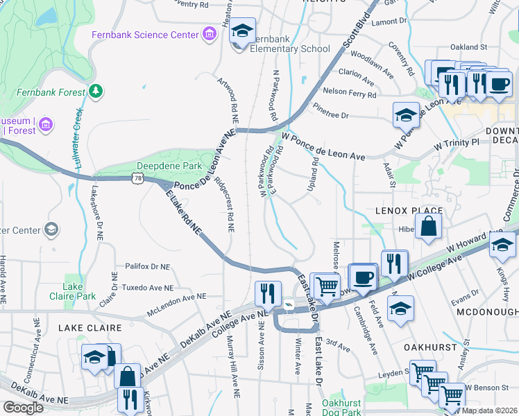 map of restaurants, bars, coffee shops, grocery stores, and more near 352 West Parkwood Road in Decatur