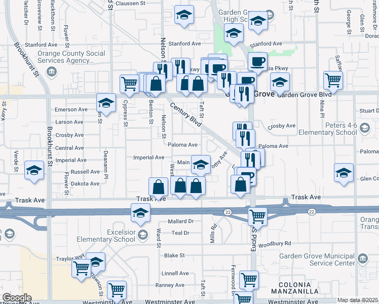 map of restaurants, bars, coffee shops, grocery stores, and more near 10681 Frances Avenue in Garden Grove