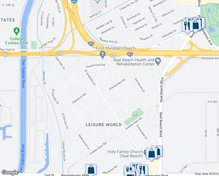 map of restaurants, bars, coffee shops, grocery stores, and more near 1620 Glenview Road in Seal Beach