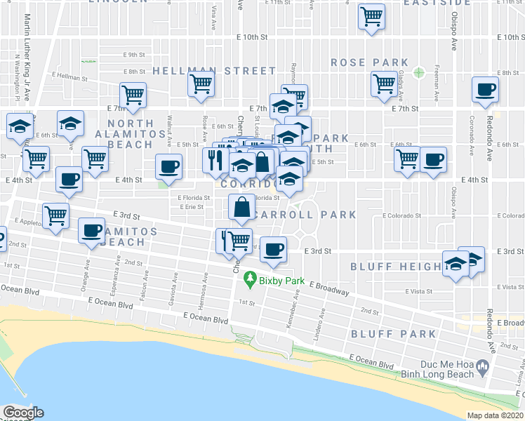 map of restaurants, bars, coffee shops, grocery stores, and more near 2032 East Bermuda Street in Long Beach