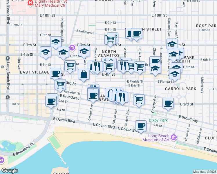 map of restaurants, bars, coffee shops, grocery stores, and more near 1335 East 3rd Street in Long Beach
