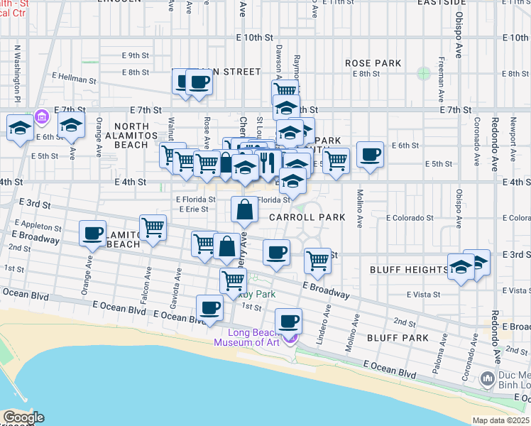 map of restaurants, bars, coffee shops, grocery stores, and more near 2111 East Bermuda Street in Long Beach