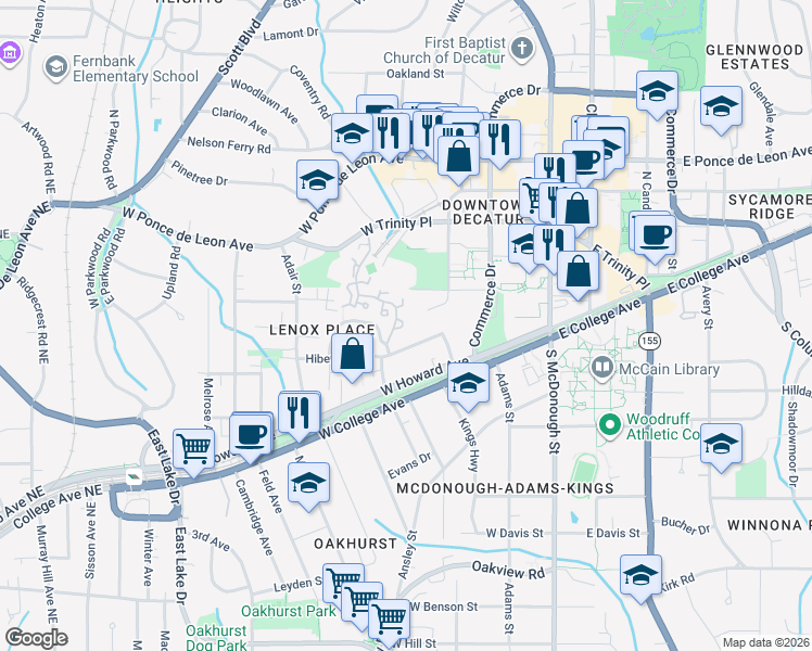 map of restaurants, bars, coffee shops, grocery stores, and more near 243 Greenwood Circle in Decatur