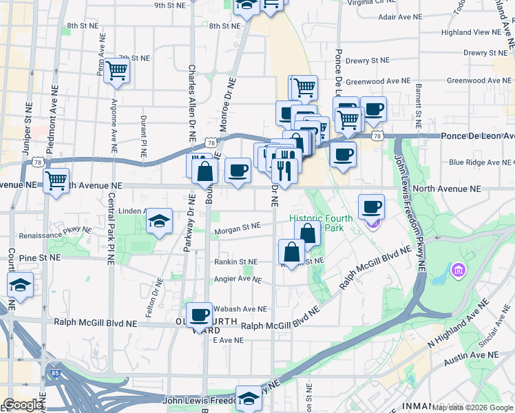 map of restaurants, bars, coffee shops, grocery stores, and more near 560 Boulevard Place Northeast in Atlanta